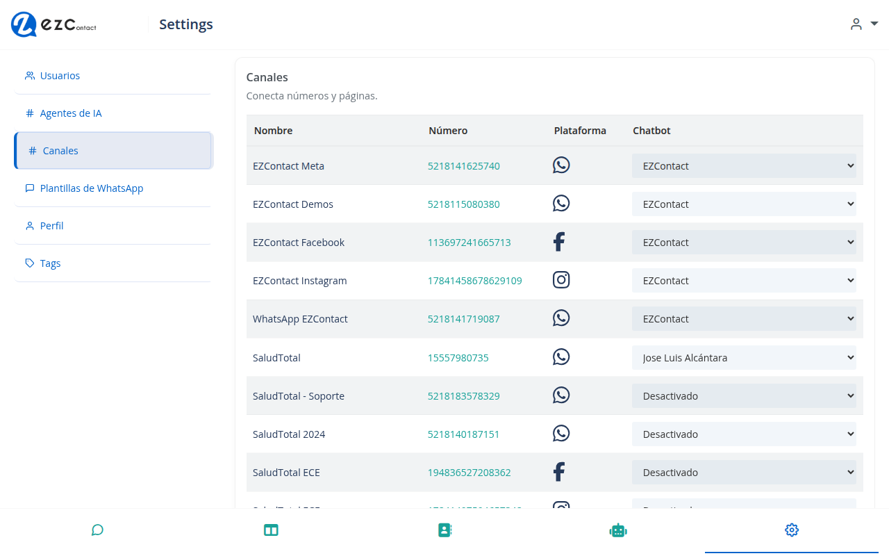 EZContact Channels - WhatsApp, Instagram, Messenger connected