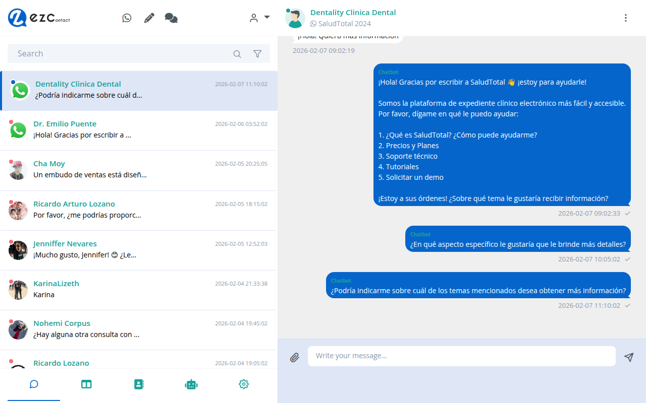 Vista de conversación abierta en EZContact con el chatbot respondiendo automáticamente